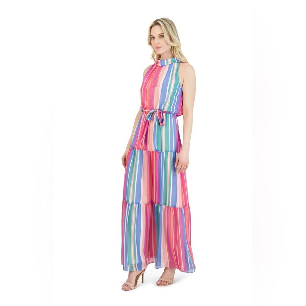 Julia Jordan Vibrant Striped Mock Neck Tiered Chiffon Boho Maxi Dress Size 12